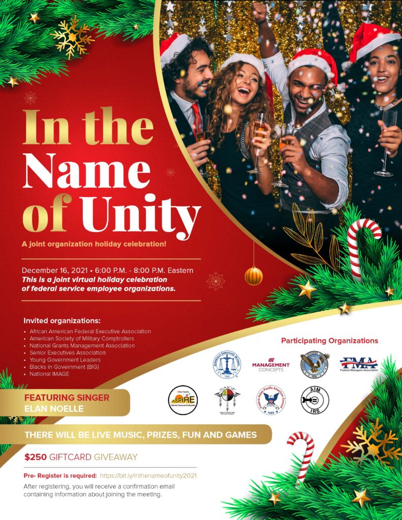 In the Name of Unity; a joint holiday celebration flyer. Event date: December 16, 2021; 6:00 - 8:00 PM